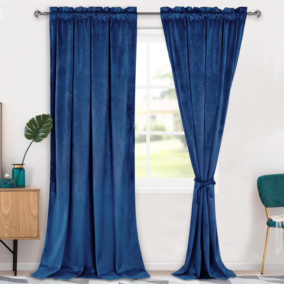 Hiasan Blue Velvet Curtains 120 Inch Blackout Rod Pocket Thermal Insulated Soft Curtains Room Darkening Window Drapes With Tieba