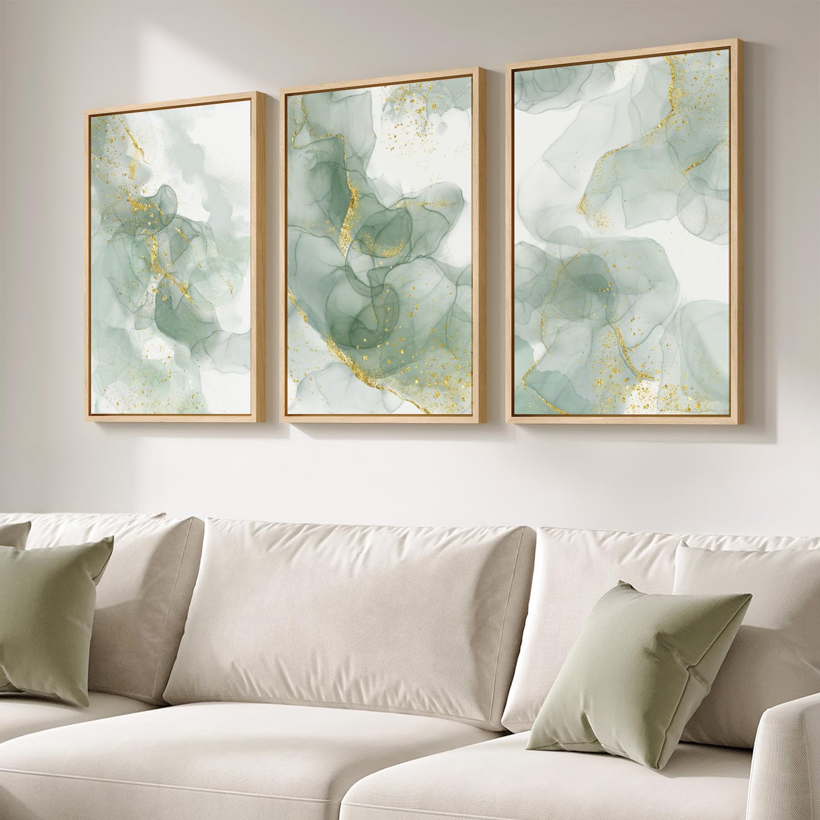Large Framed Sage Green Abstract Wall Art, 3 Piece Modern Canvas Prints Paintings Artwork for Walls, Minimalist Green and Gold A