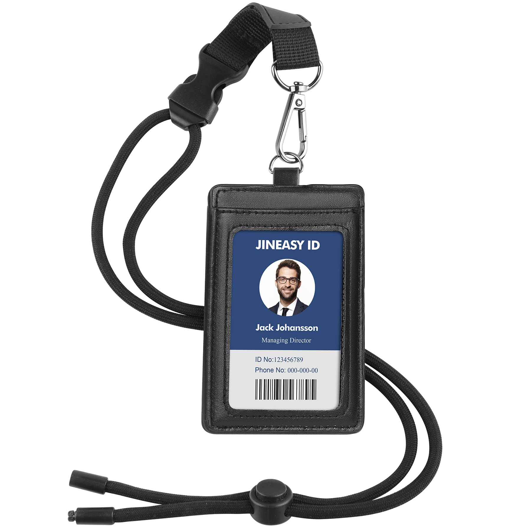 Lanyard With Id Holder, Jineasy Id Leather Badge Holder With Breakaway Lanyard For Id Badges, Work Keycards - Vertical - Black