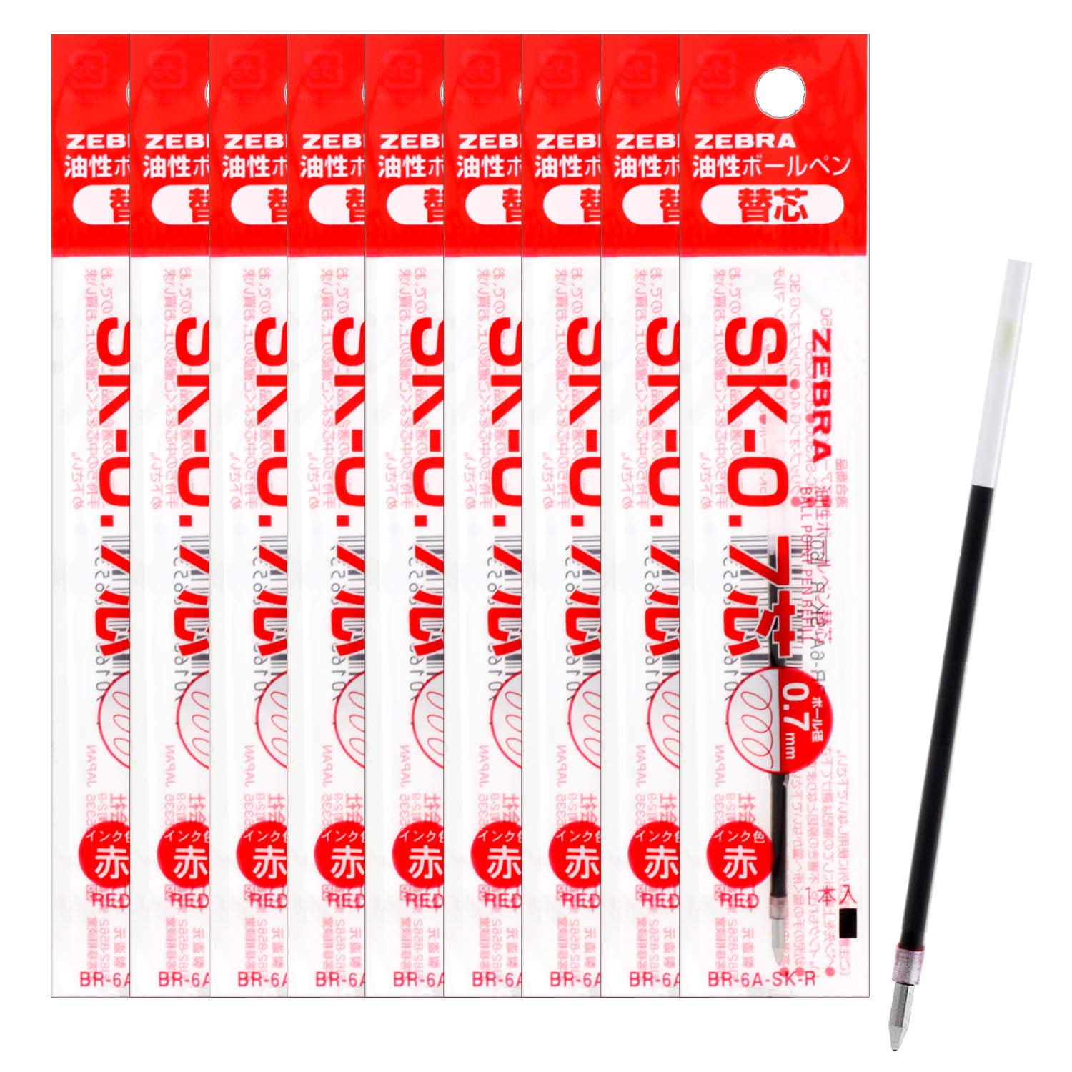 Zebra B-Br-6A-Sk-R Clip-On Oil-Based Ballpoint Pen Refill, Sk-0.7 Core, Red, 10 Pieces
