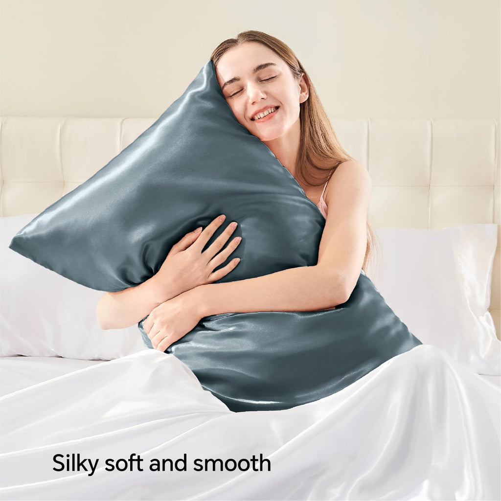 Bedelite Satin Pillowcase With Zipper 2 Pack, Space Grey Pillow Cases Standard Size, Super Soft And Cooling Similar To Silk Pill