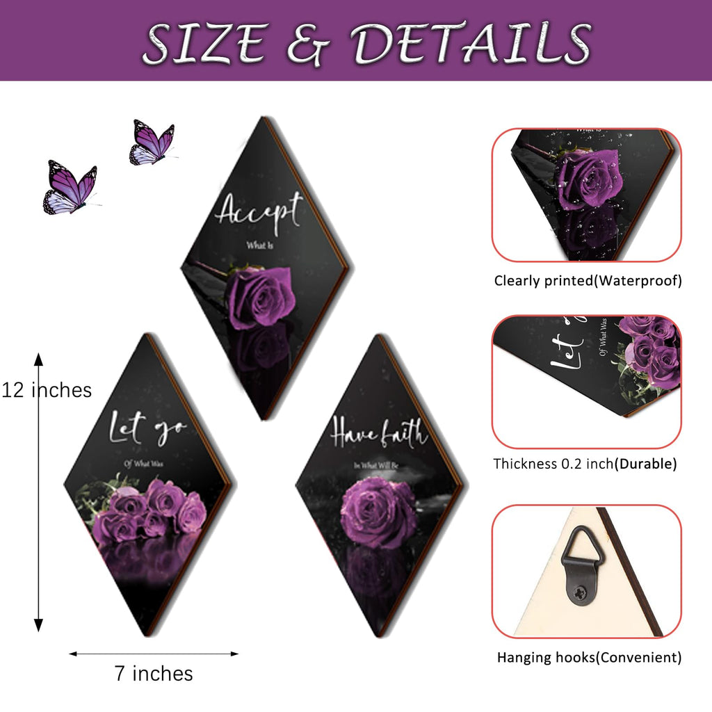 3 Pcs Purple Wall Decor Inspirational Purple Rose Bathroom Decor Wooden Purple Wall Art Office Wall Decor With Accept Let Go Hav