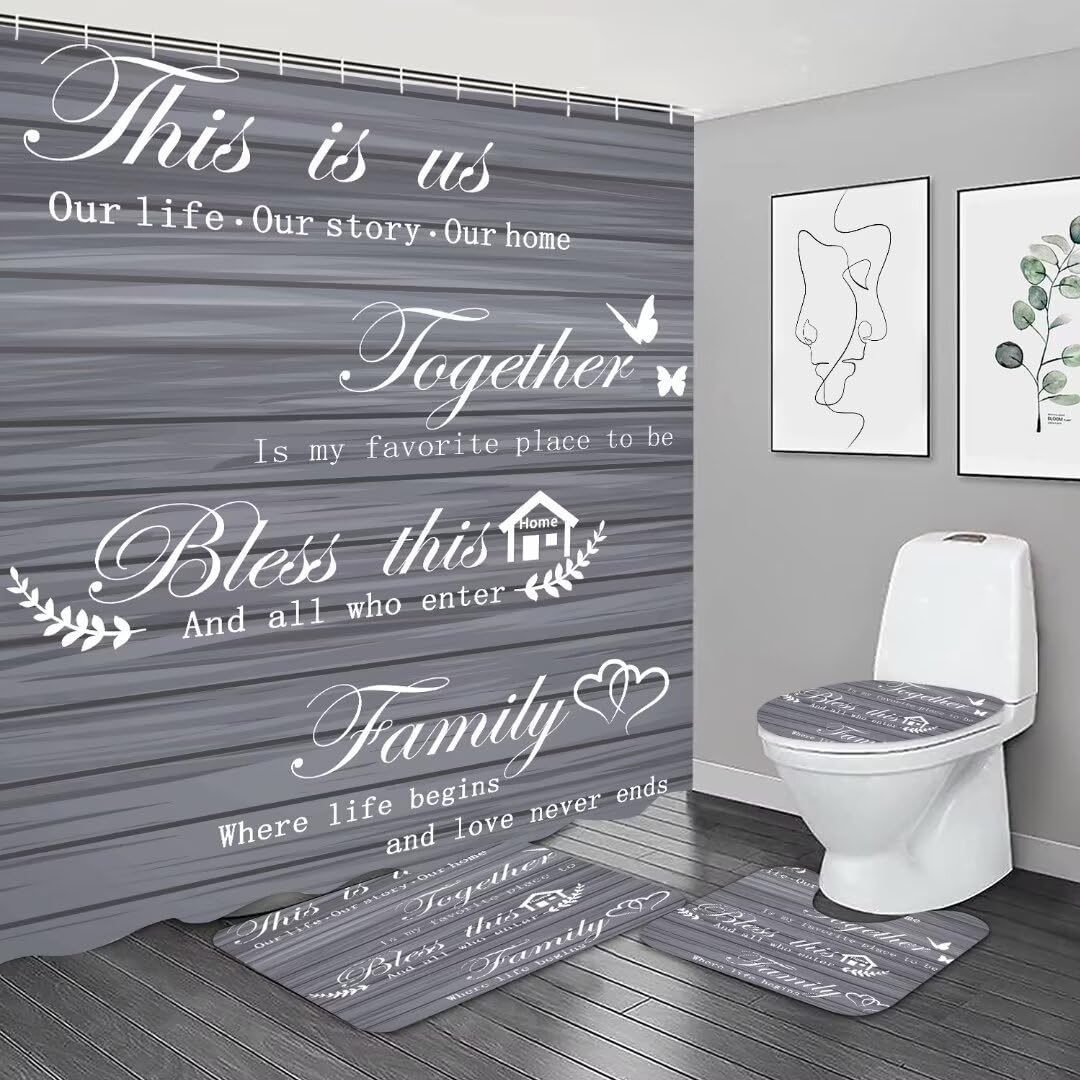 NBVKO 4PCS Family Grey Shower Curtain Set Home Bathroom Decor Sets with Rugs Words Bathroom Accessories Set Bathroom Curtain Sho