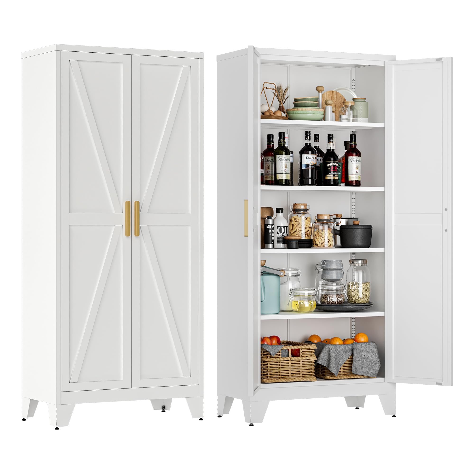 71  Tall Metal Storage Cabinet with 2 Doors and 4 Adjustable Shelves, 5-Tier Kitchen Pantry Storage Cabinet for Kitchen, Living 