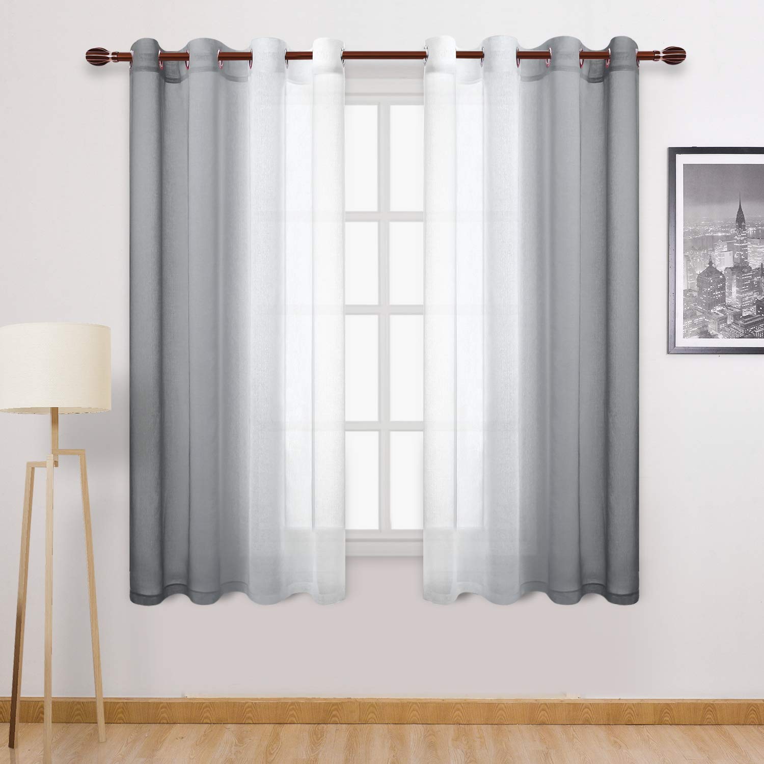 Dwcn Grey Ombre Sheer Curtains - Faux Linen Gradient Grommet Top Semi Voile Bedroom And Living Room Curtains, Set Of Window Curt