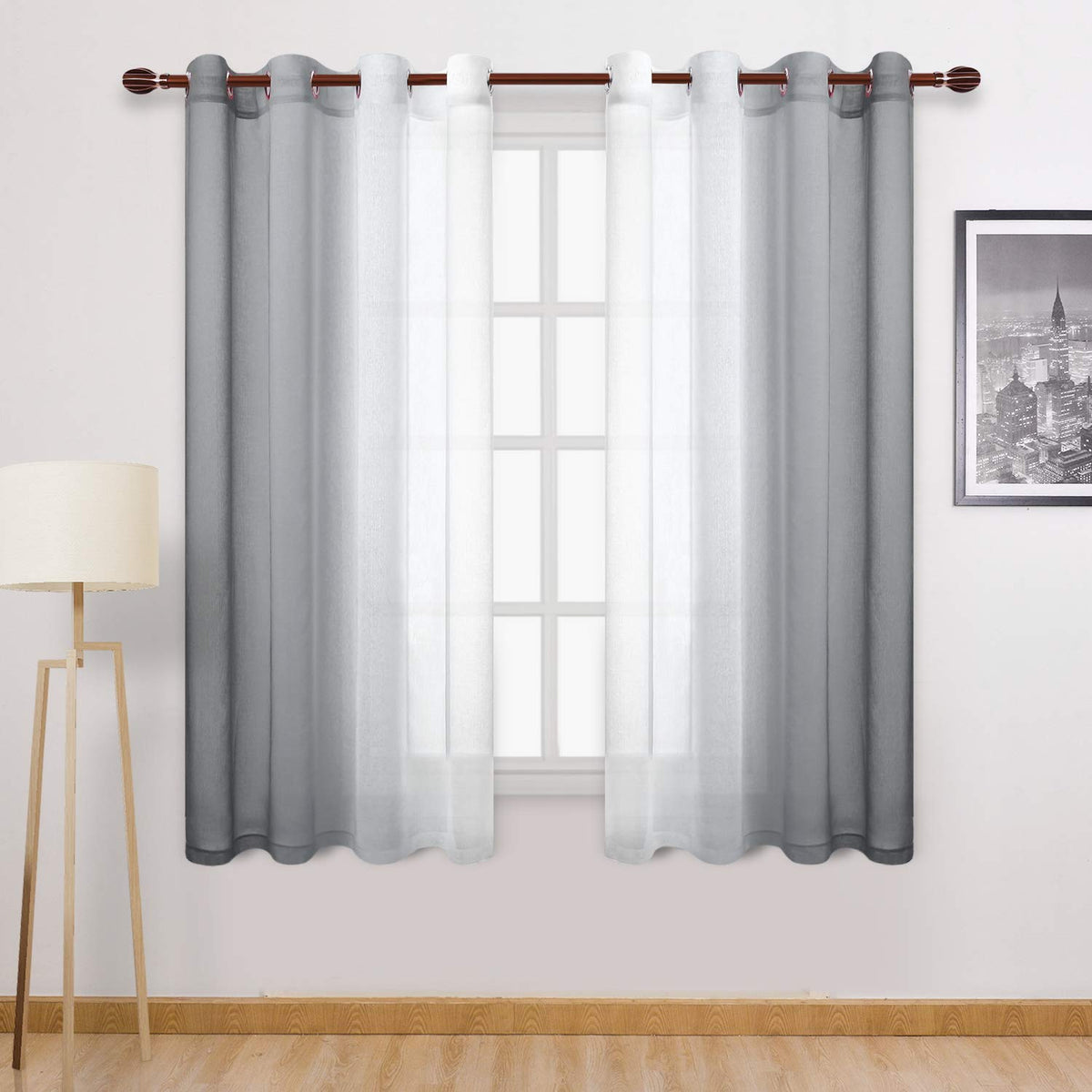 Dwcn Grey Ombre Sheer Curtains - Faux Linen Semi Voile Gradient Bedroom And Living Room Curtains, Set Of 2 Grommet Top Window Dr