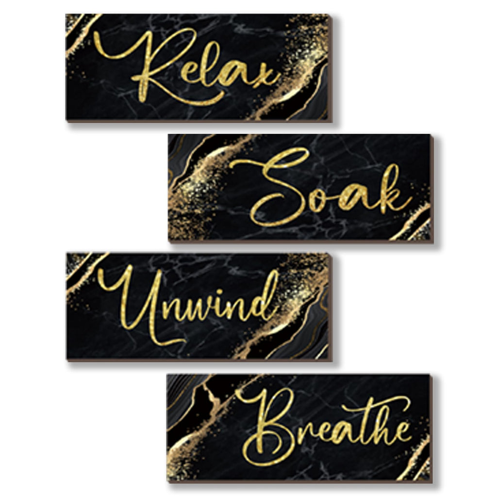ONIZHITY 4 Pcs Black and Gold Bathroom Decor Black Gold Wall Decor Relax Soak Unwind Breathe Wooden Rustic Marble Style Bathroom