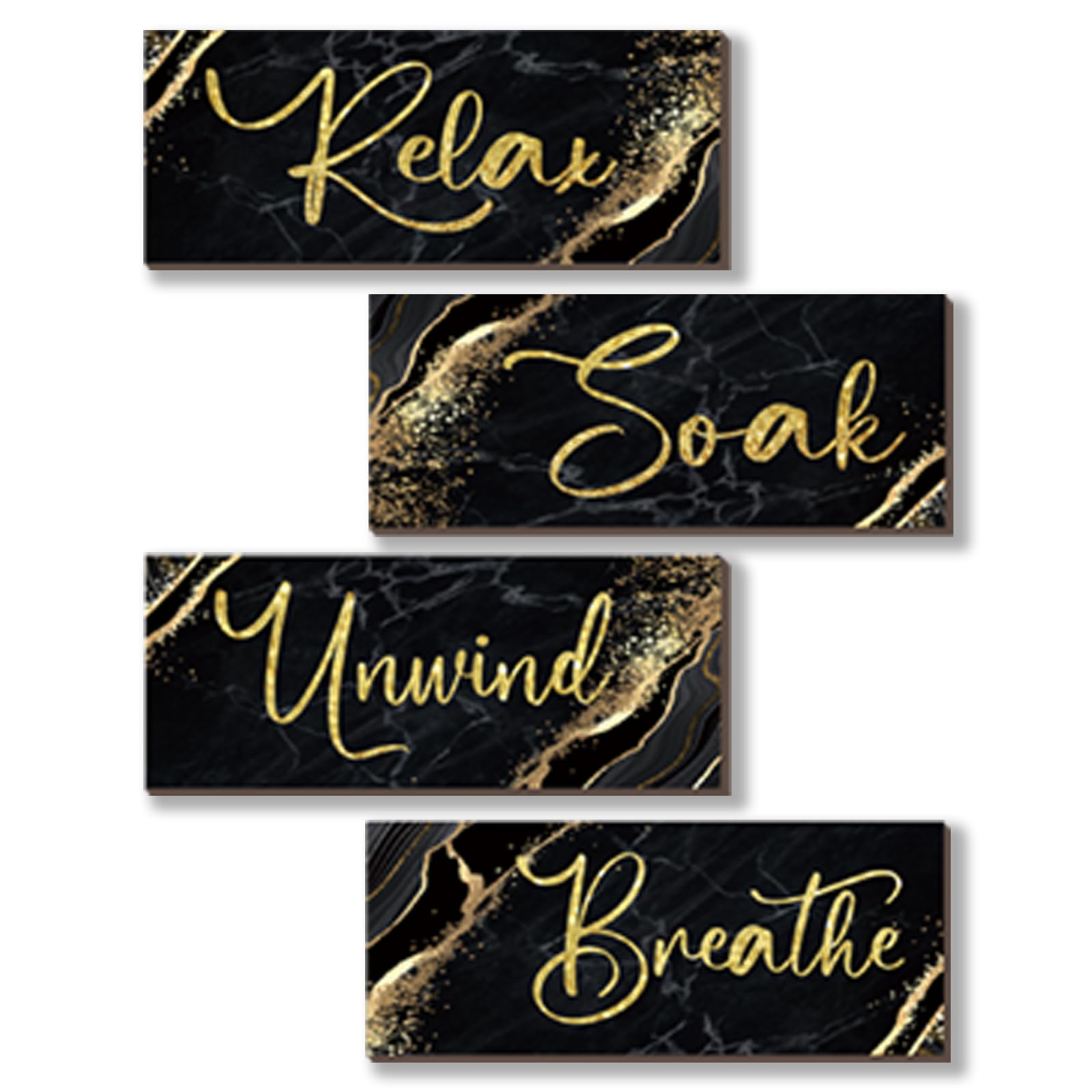ONIZHITY 4 Pcs Black and Gold Bathroom Decor Black Gold Wall Decor Relax Soak Unwind Breathe Wooden Rustic Marble Style Bathroom