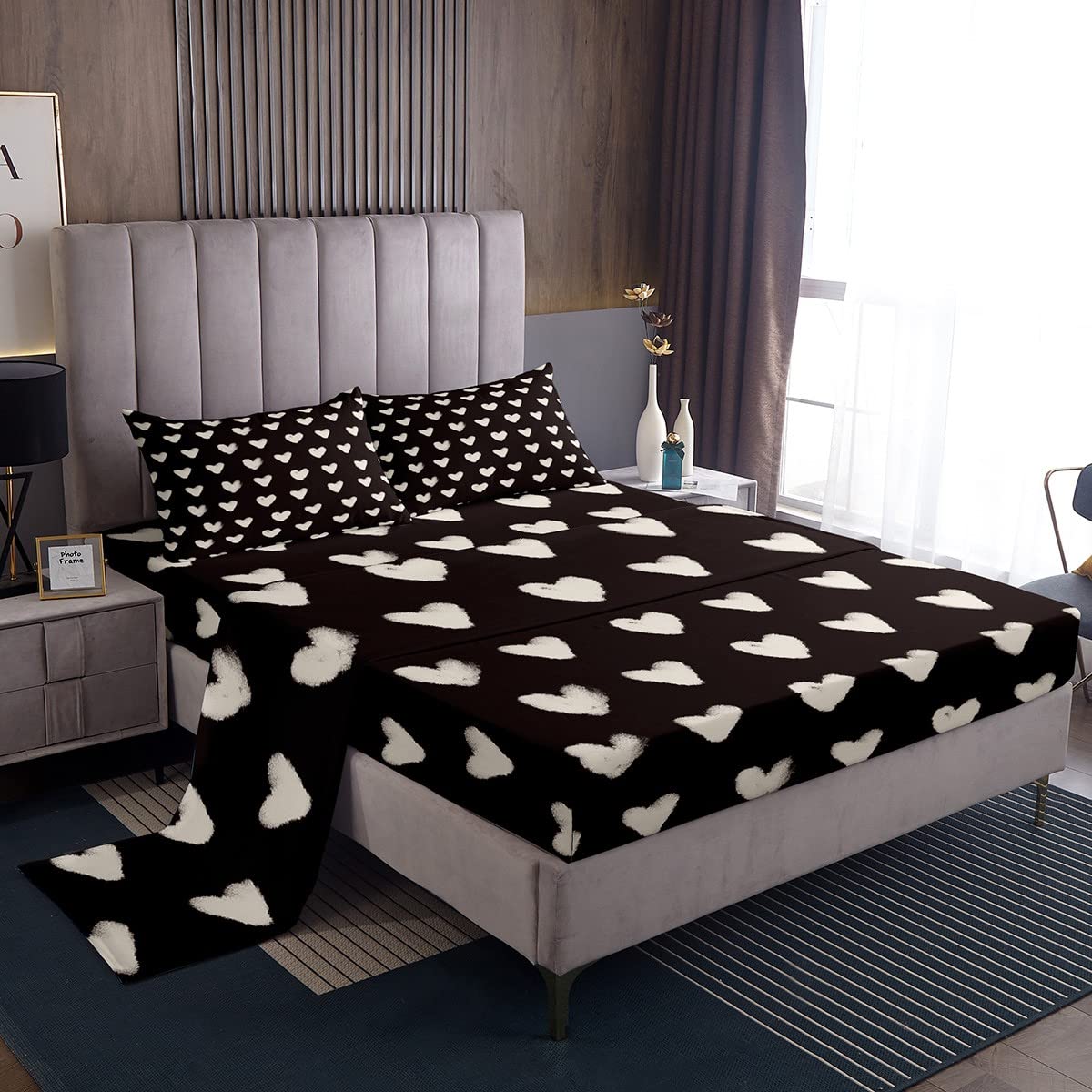 Love Bed Sheets Full Size White And Black Heart Shaped Bedding Set For Teenager Girls Valentine Day Gift Cartoon Love Geometric