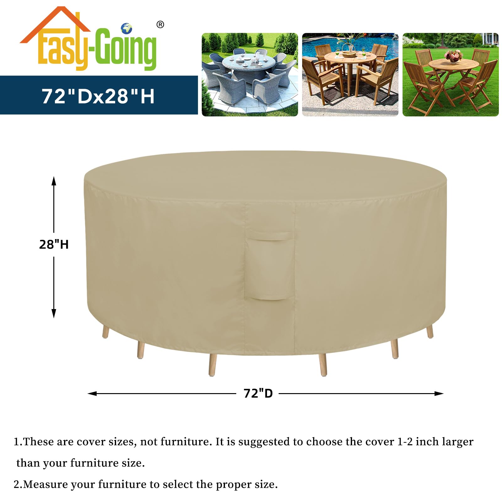 Easy-Going Round Patio Furniture Cover Waterproof Outdoor Dining Table And Chair Cover Anti-Uv Outside Sectional Sofa Set Covers (72'Dia X 28'H, Camel)