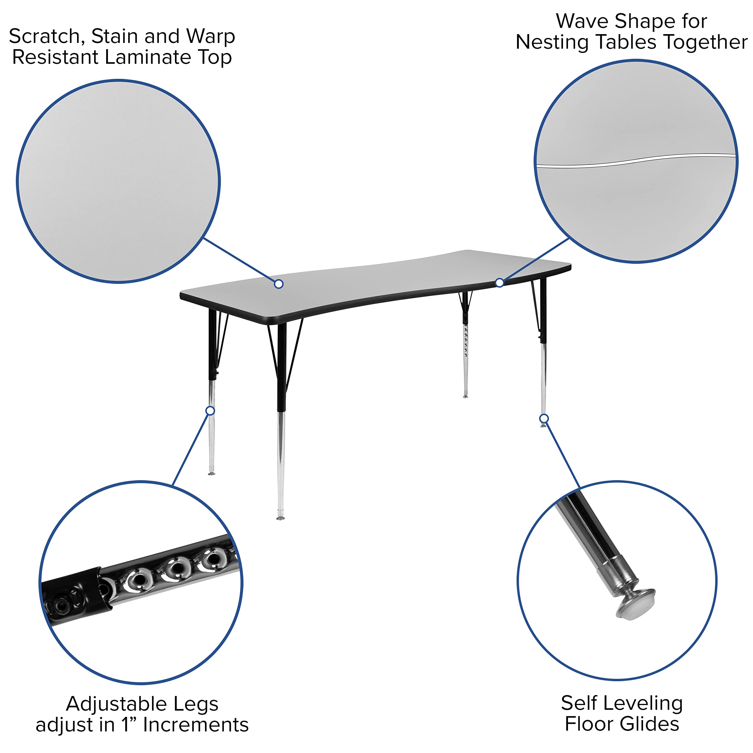 Flash Furniture Wren 26'W X 60'L Rectangular Wave Flexible Collaborative Grey Thermal Laminate Activity Table - Standard Height Adjustable Legs