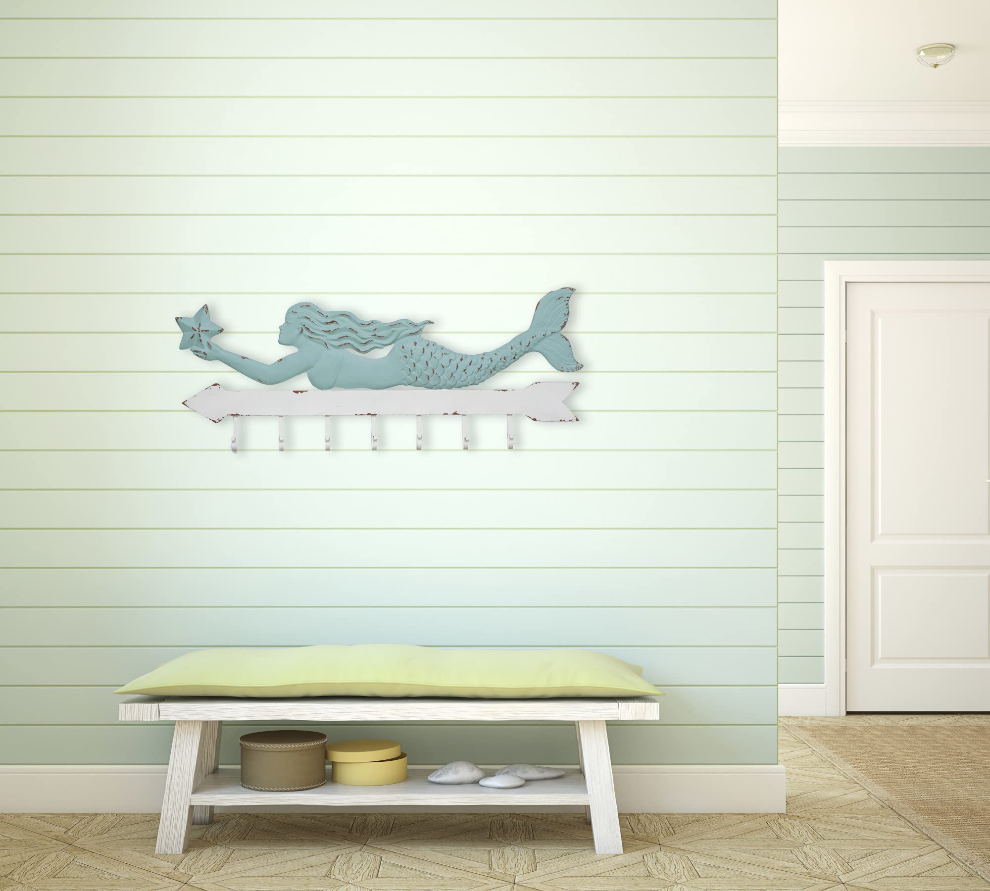 Creative Co-Op Mermaid Wall Décor with 7 Hooks, 16 Inch Long, Aqua & White, Model DA3625