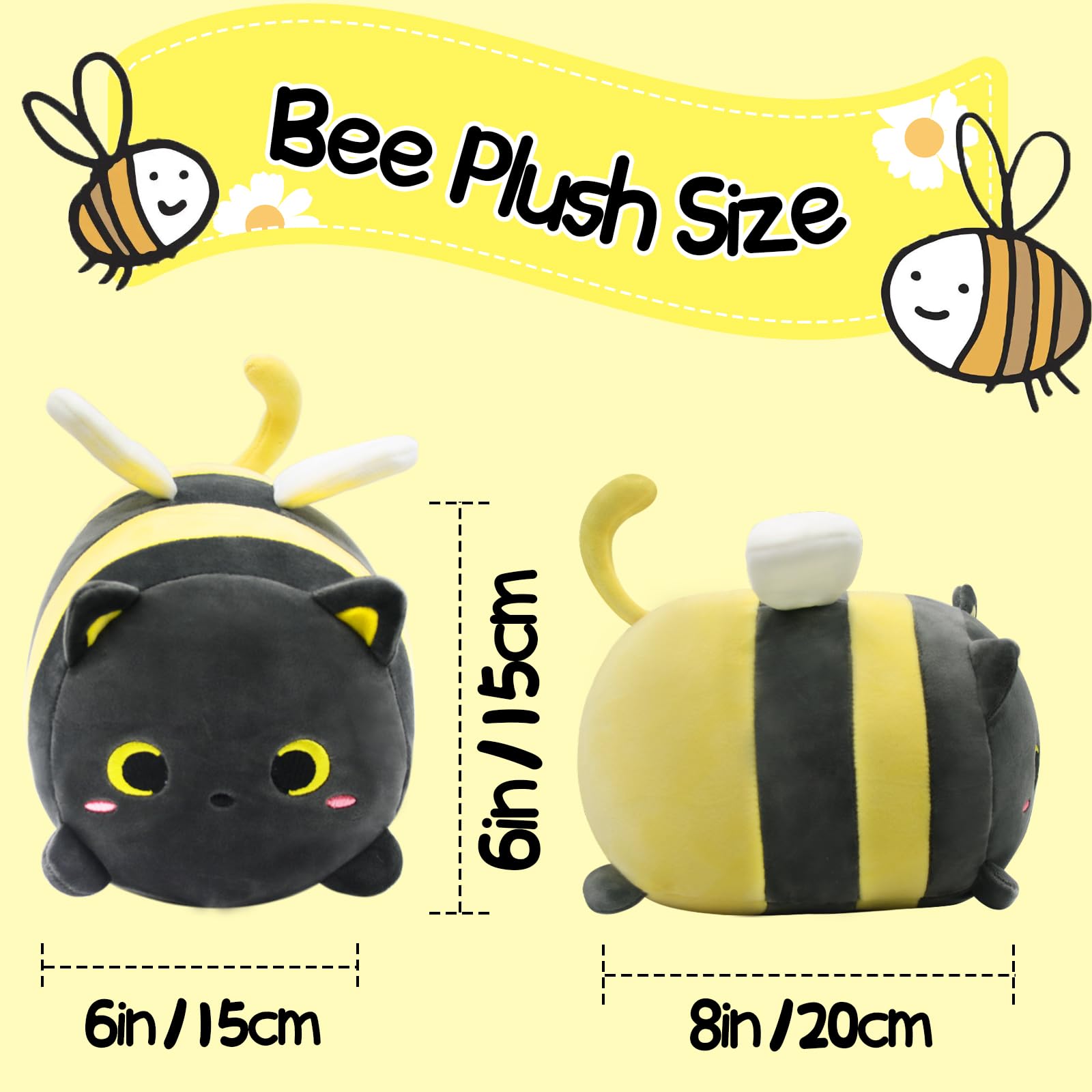Lsydcarm Black Cat Bee Plush Pillow, 8' Cute Black Cat Honeybee Stuffed Animals, Kawaii Bee Cat Plushie, Soft Stuffed Bee Cat P