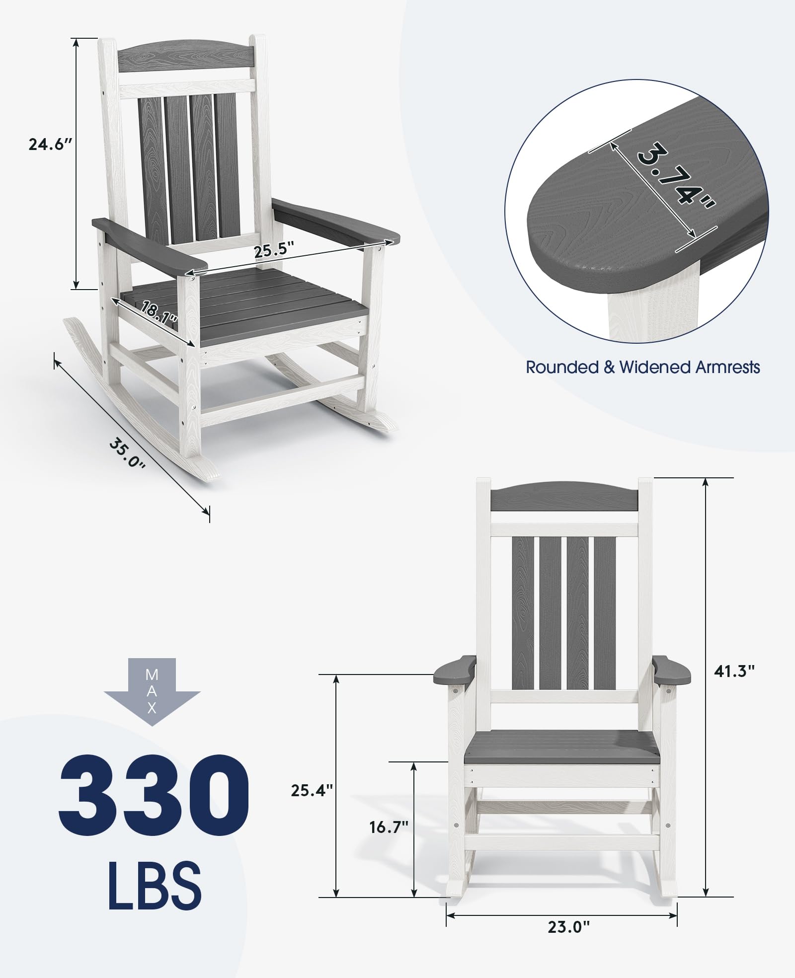 Kingyes Hdpe Rocking Chairs Outdoor, Patio Rocking Chairs With 330Lbs Support, Smooth Porch Rocker For Deck Lawn Yard, Gray White