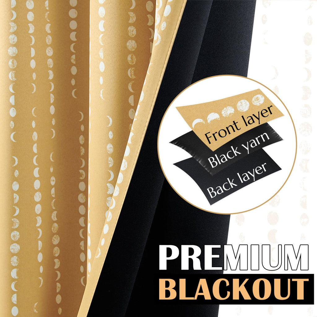 Jinchan 100% Blackout Boho Curtains Moon Phases Printed Bedroom Curtains 90 Inches Long Mustard Drapes Rod Pocket Thermal Insulated Curtains For Nursery Yellow Window Drapes Curtain Set 2 Panels