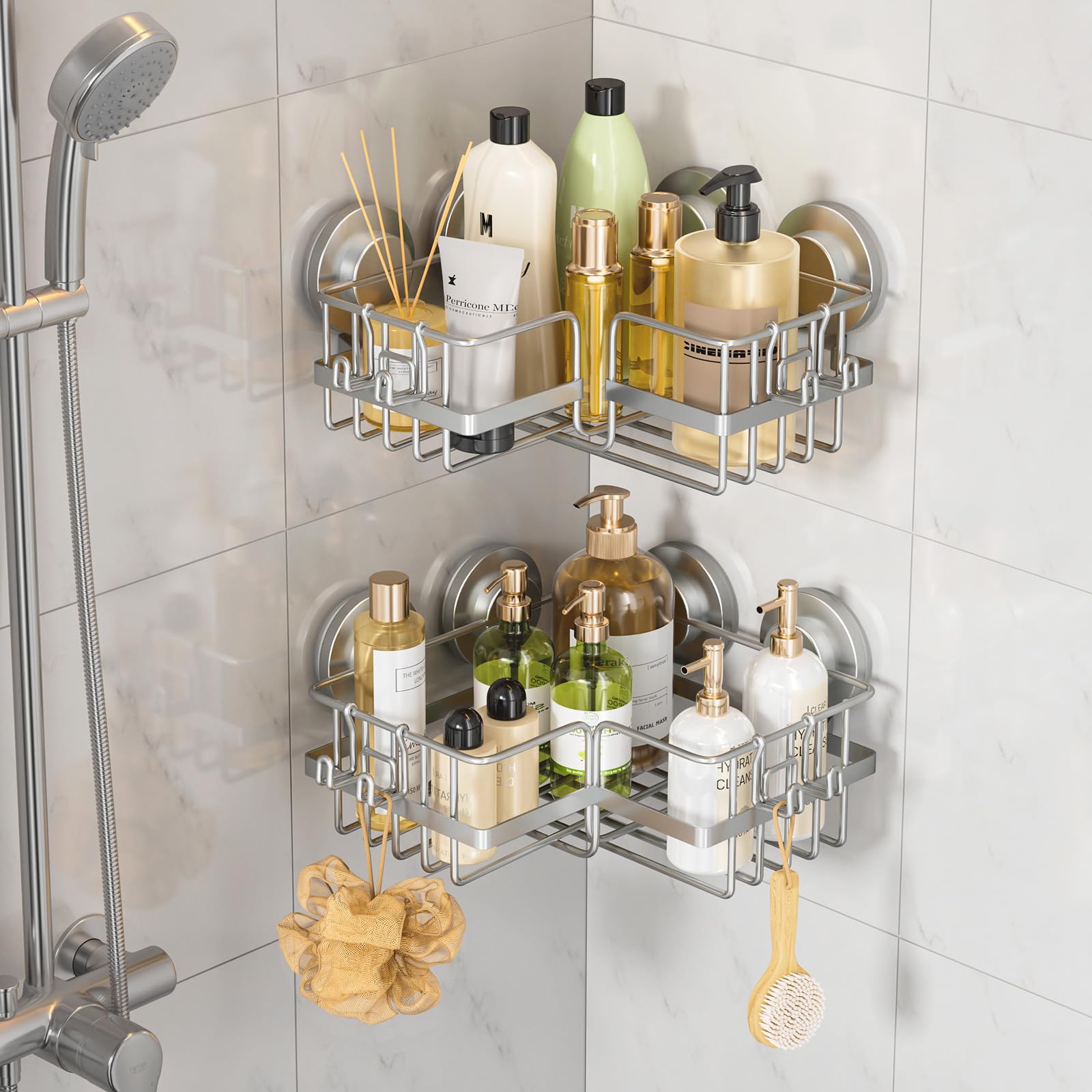 LEVERLOC Corner-adaptive Suction Cup Shower Caddies 2 Pack, Drill-Free Wall Mounted Basket, Stainless Steel Rustproof Corner Sho