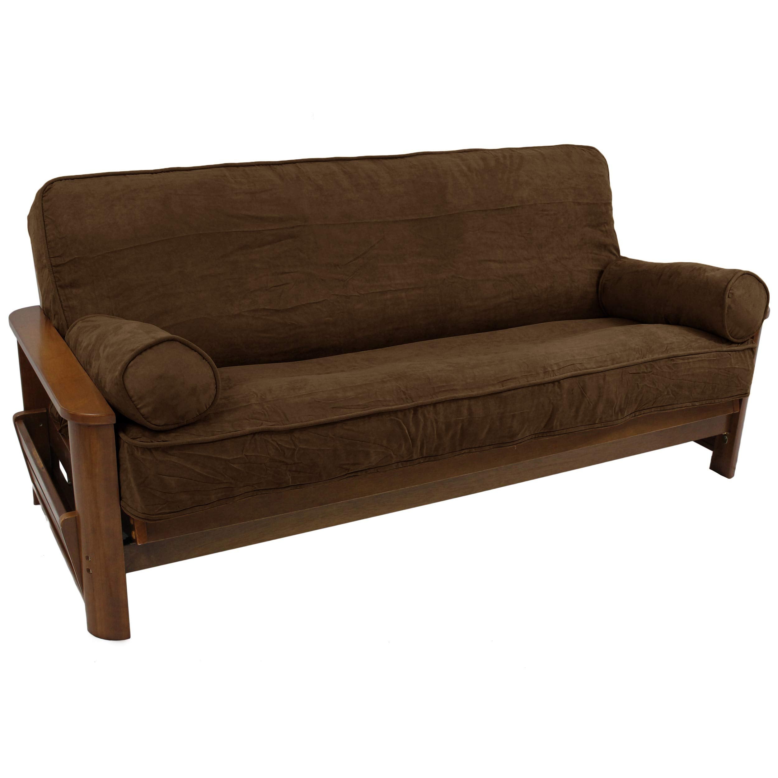 Blazing Needles Solid Microsuede Double Corded 8&quot; to 9&quot; Futon Cover Set with 2 Bolster Pillows (Set of 3), Full, Chocolate