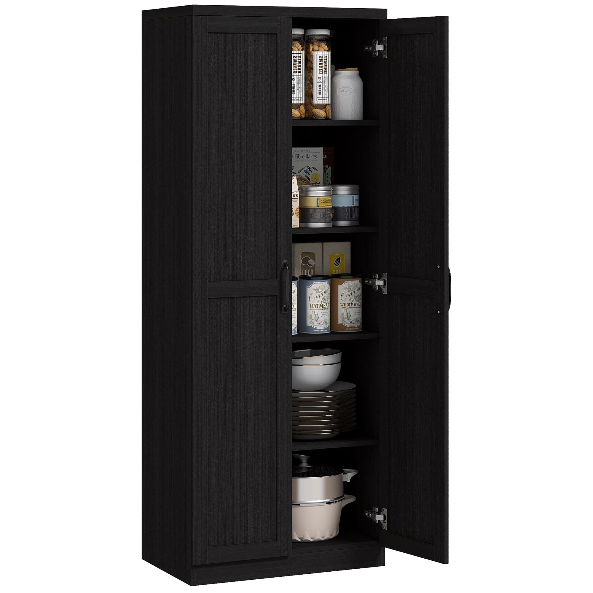 HOMCOM 63 2-Door Kitchen Pantry, Freestanding Storage Cabinet with 5-Tier Shelving and 2 Adjustable Shelves for Dining Room, Bla