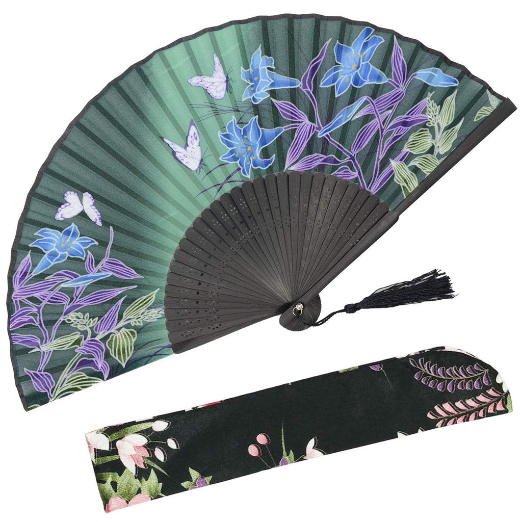 OMyTea Hand Held Silk Folding Fan with Bamboo Frame - With a Fabric Sleeve for Protection for Gifts - 100% Handmade Oriental Chi