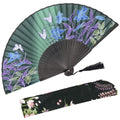 OMyTea Hand Held Silk Folding Fan with Bamboo Frame - With a Fabric Sleeve for Protection for Gifts - 100% Handmade Oriental Chi