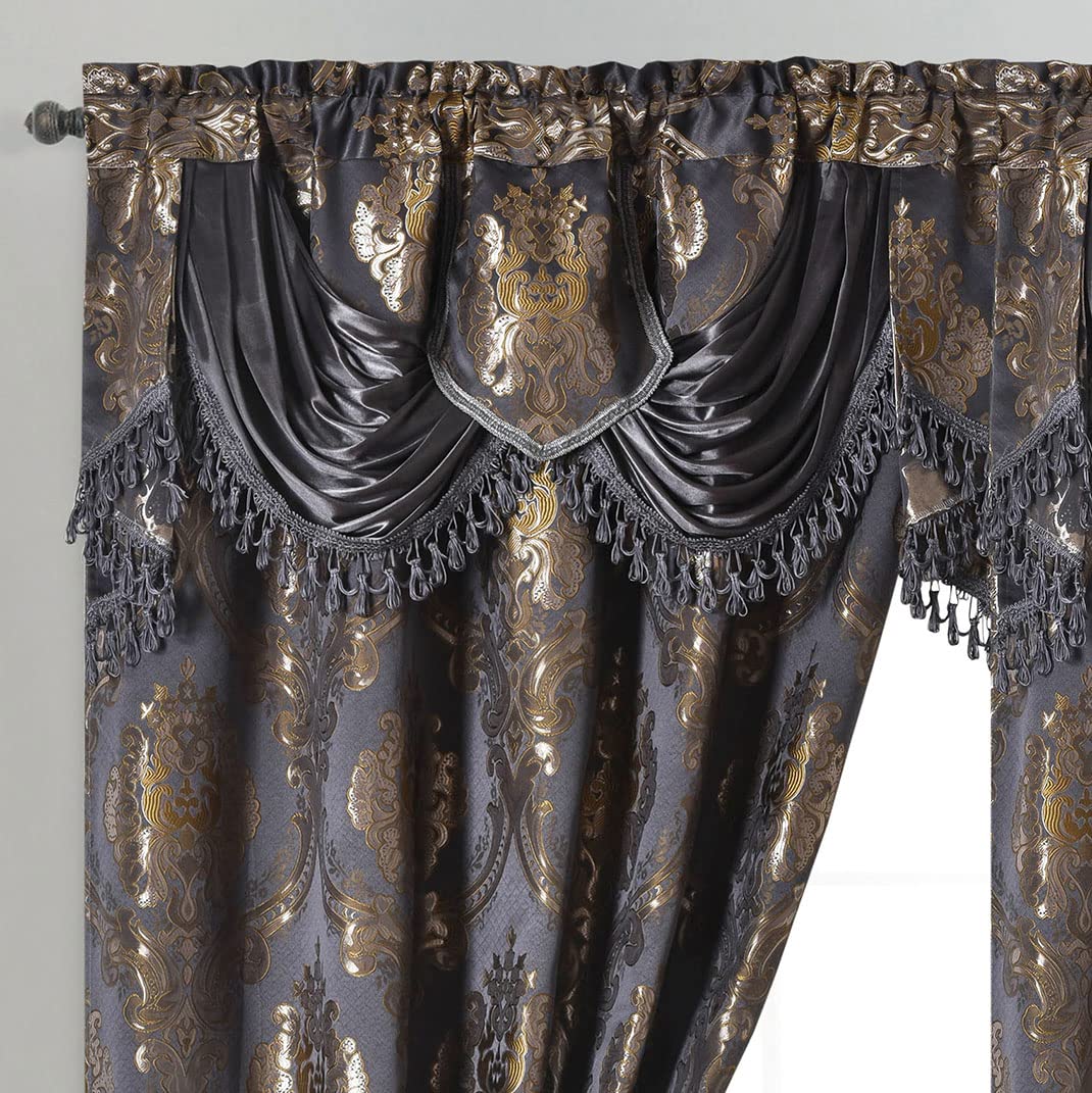GOHD Luxe Love. Jacquard Window Curtain Panel Drape with Attached Fancy Valance. 2pcs Set. (Deep Grey, 54 Wide x 84 Drop with 18