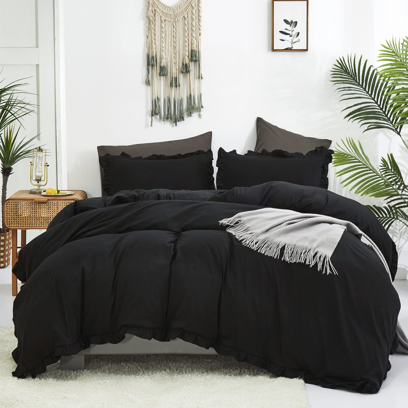 Luxlovery Black Ruffle Comforter Set Queen Farmhouse Shabby Khaki Bedding Comforter Set Full All Black Color Quilts Blankets Vin