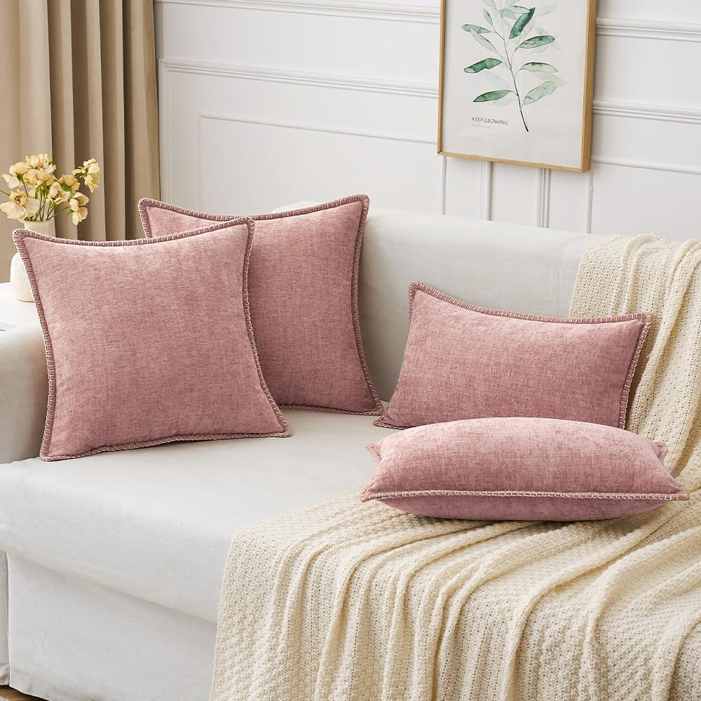 Miulee Pack Of 2 Couch Throw Pillow Covers 20X20 Inch Blush Pink Farmhouse Decorative Pillow Covers With Stitched Edge Soft Chenille Solid Dyed Spring Pillow Covers For Sofa Bed Living Room
