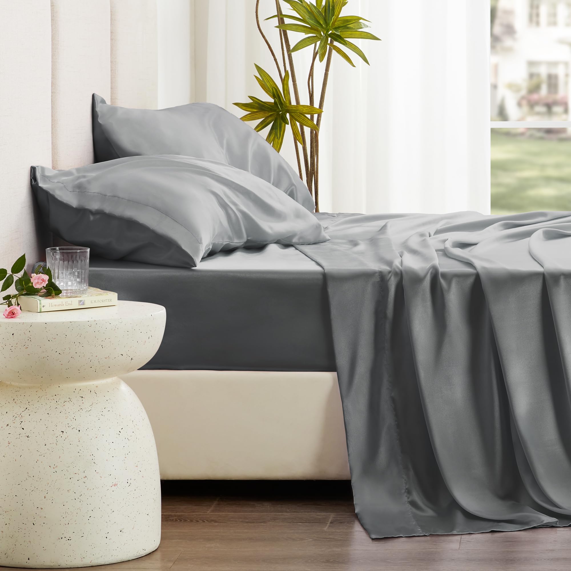 Love'S Cabin Satin Queen Sheets Set - 4 Piece Dark Grey Silky Satin Bed Sheets Queen Set With Deep Pocket, Luxury Silk Feel Satin Queen Size Sheet Set (1 Flat Sheet,1 Fitted Sheet,2 Pillow Cases)