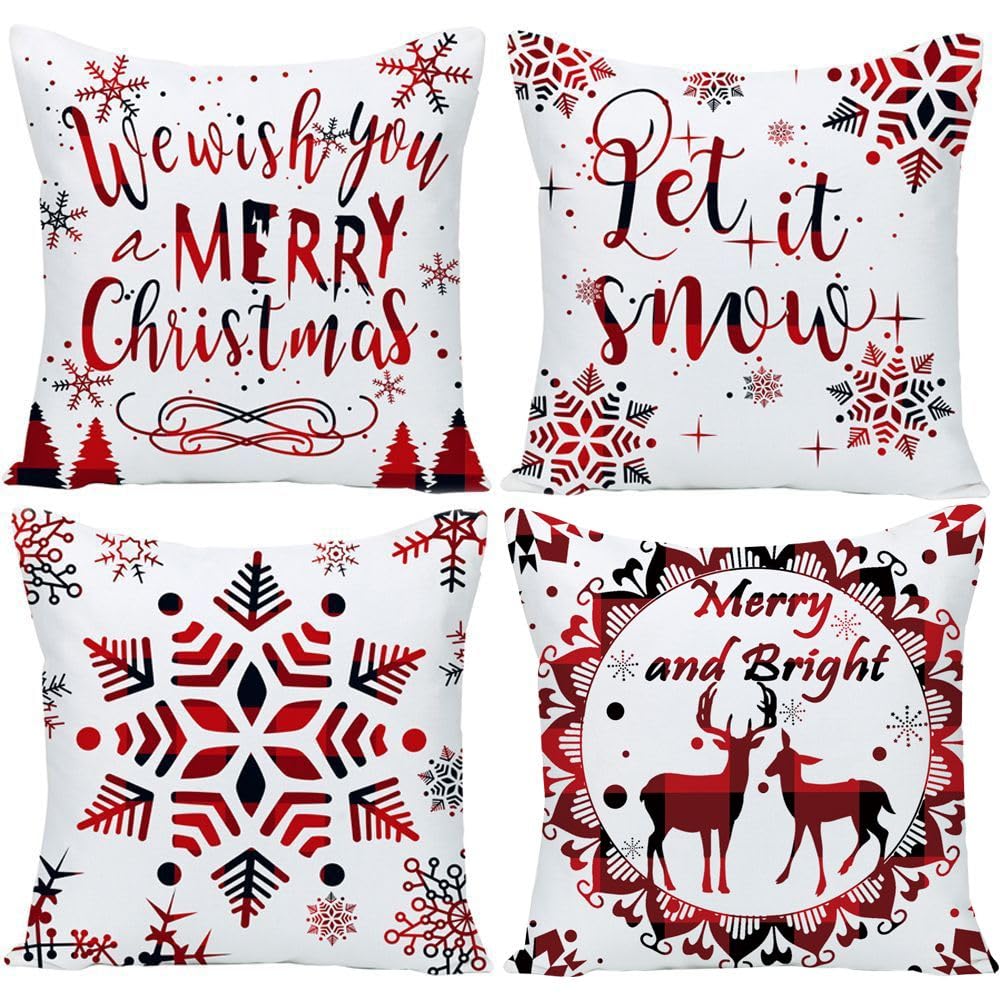 Wilproo Buffalo Plaid Pillow Covers 20X20 Set Of 4 Red Snowflake Christmas Reindeer Pine Tree Double Sides Print Velvet Square T