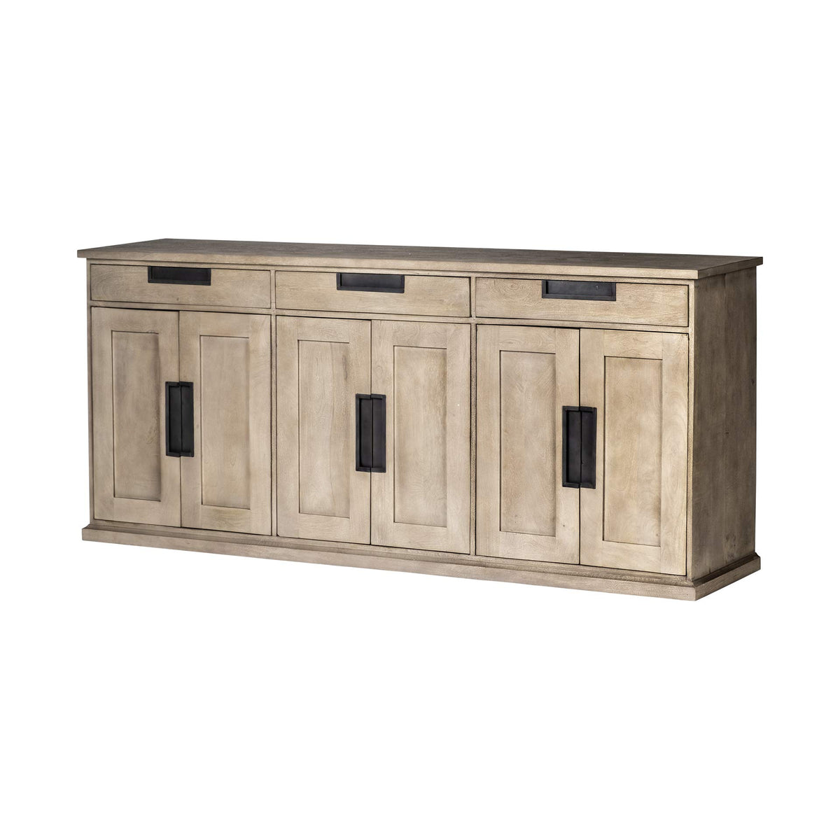 HomeRoots Indian Mango Wood Brown Solid Mango Wood Sideboard with 3 Cabinets and 3 Drawers