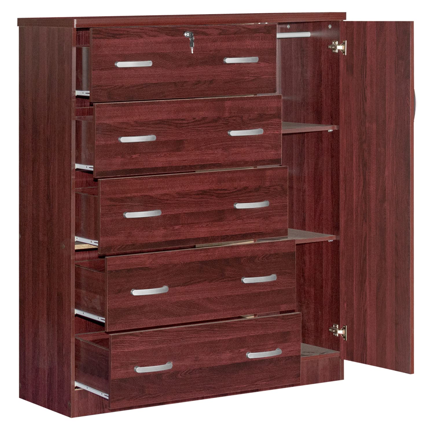 Better Home Products JCF Sofie 5 Drawer Wooden Tall Chest Wardrobe in Mahogany