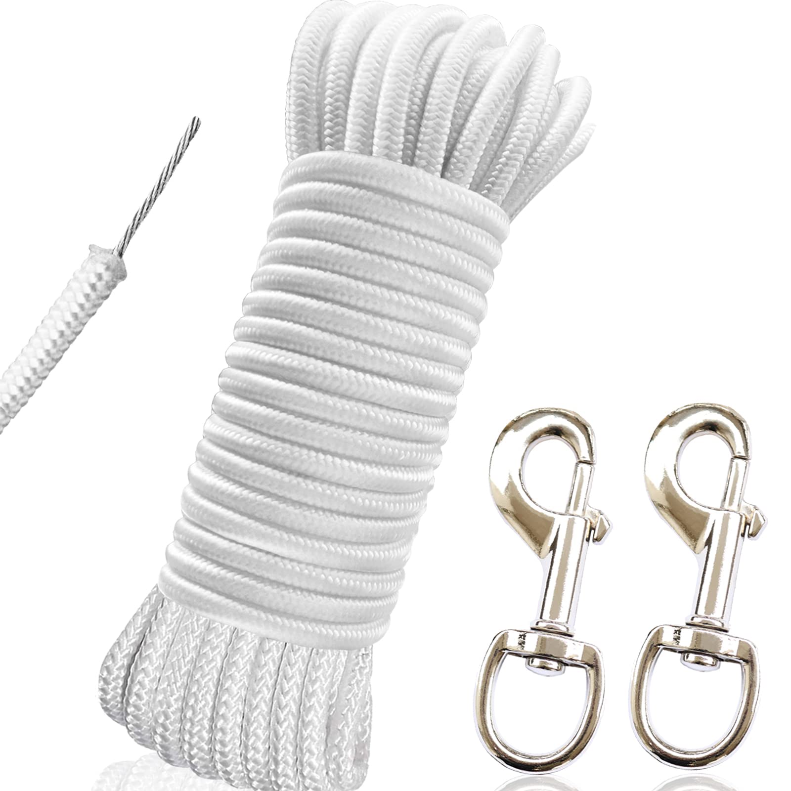 Ruson 50 Feet 5/16 Inch Wire Center Flag Pole Rope And Clips Kit, White Braided Polyester Halyard Steel Center Flag Rope With 2