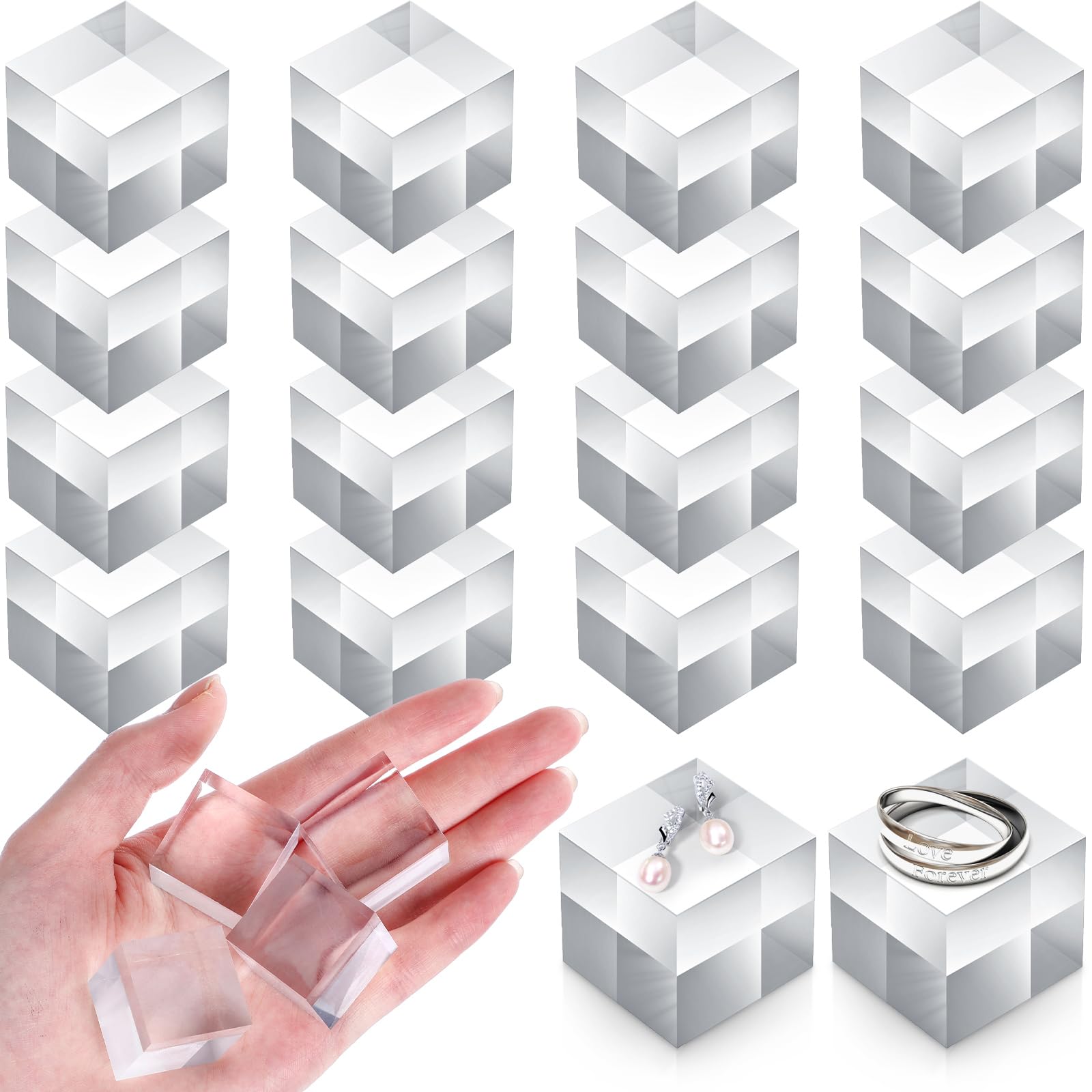 Remerry 16 Pcs Clear Acrylic Blocks Acrylic Square Display Block Clear Polished Acrylic Cube Acrylic Jewelry Display Stand Ring 