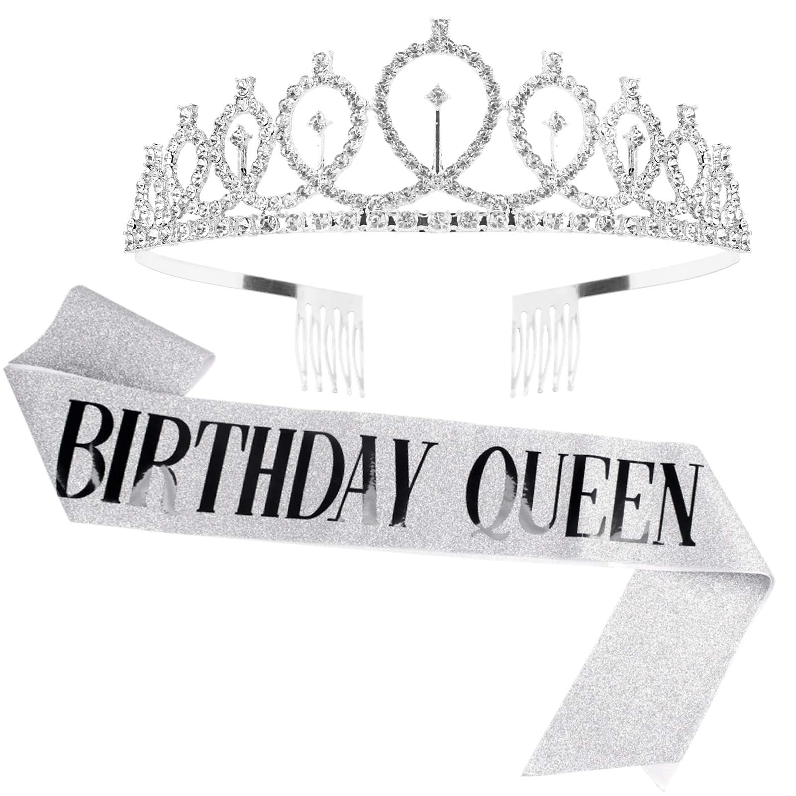 CAVETEE 'Birthday Queen' Sash & Rhinestone Tiara Set - Birthday Tiaras and Sash Birthday Party Favors Glitter Birthday Decorat