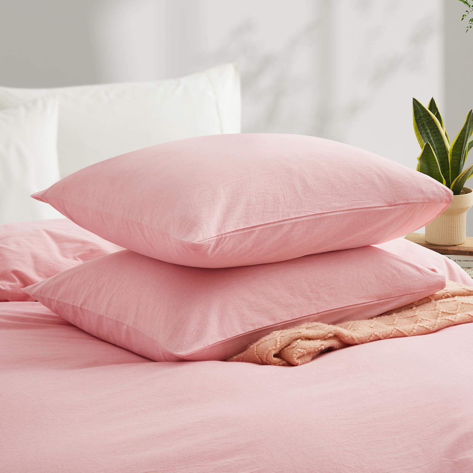 Lovque Pink Duvet Cover Full Size, 100% Washed Cotton Linen Like Bedding Set With Zipper Closure (No Comforter), 80X90 Inches