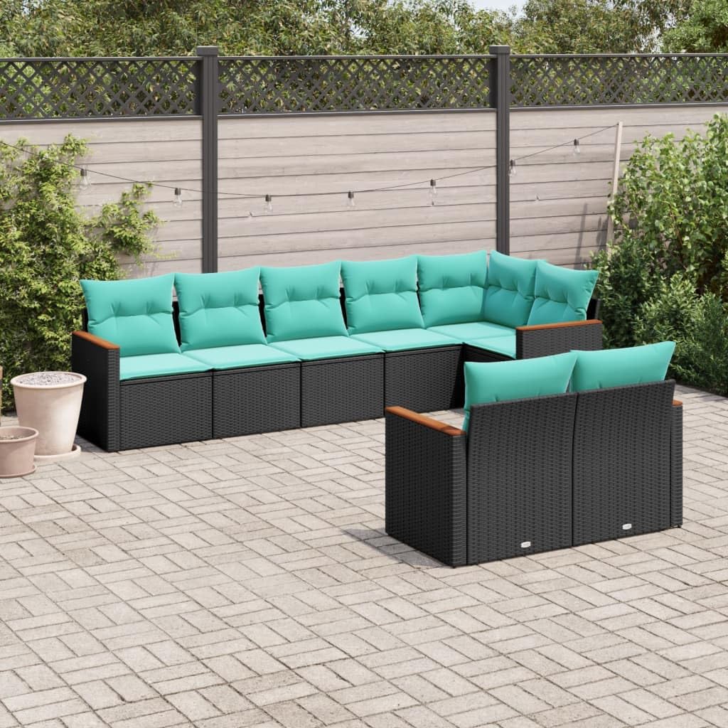 vidaXL Patio Sofa Set 8 Piece Black/Blue Poly Rattan - Modular Design, Outdoor Furniture Garden Terrace Seating with Cushions, Weather-Resistant PE Rattan, 242.5 lb Capacity Per Seat, Steel Frame