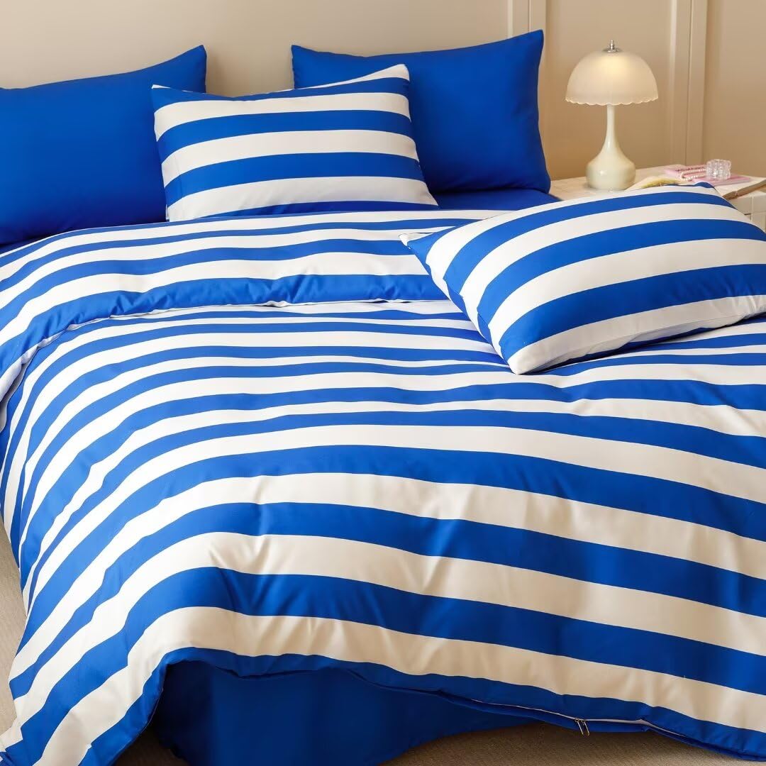 Clothknow Blue White Striped Queen Comforter Set 3Pcs Blue White Bedding Comforter Sets Stripes Comforter Queen Blue Comforter Lightweight Comforter Sets Queen All Season