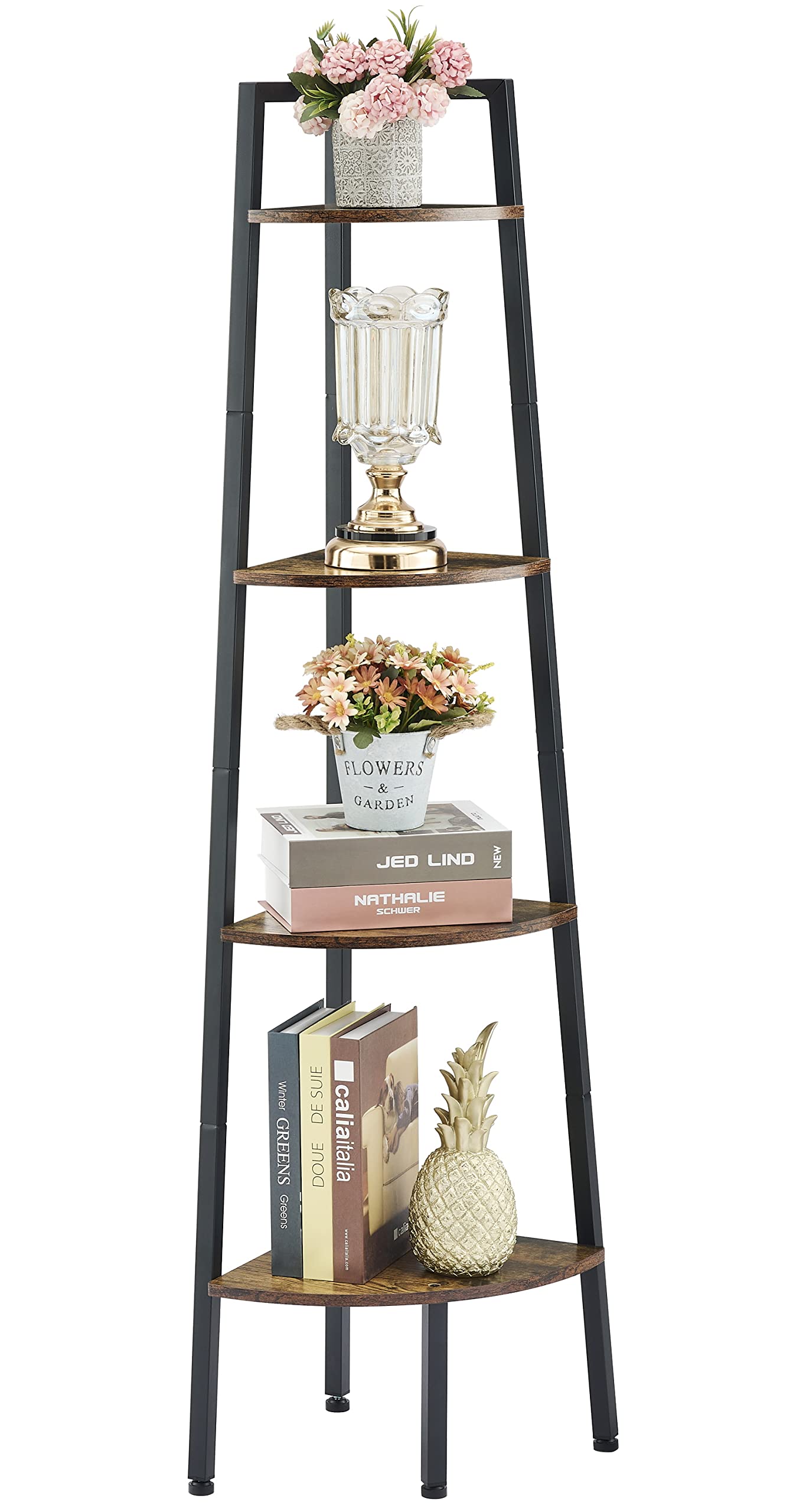 Hoctieon Corner Shelf, 4-Tier Corner Bookshelf, Rustic Corner Ladder Shelf, Industrial Display Shelf for Living Room, Kitchen, H