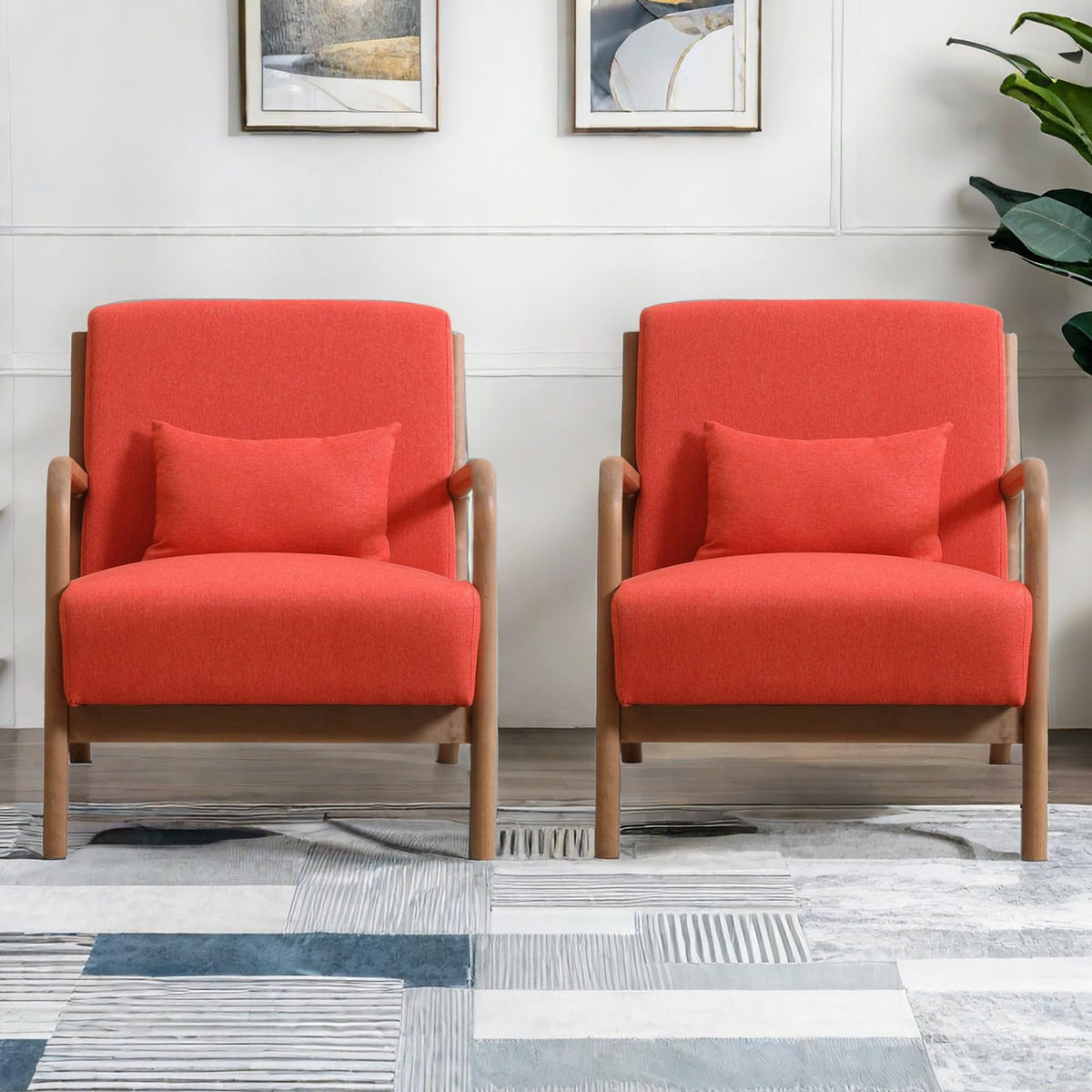 INZOY Mid-Century Modern Accent Chair Set of 2, Orange Living Room Chairs with Waist Cushion, Upholstered Reading Armchair for B