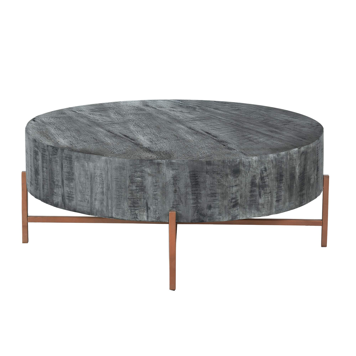 TUP The Urban Port 40 Inch Round Wooden Coffee Table with Cross Metal Base Support, Gray and Brown