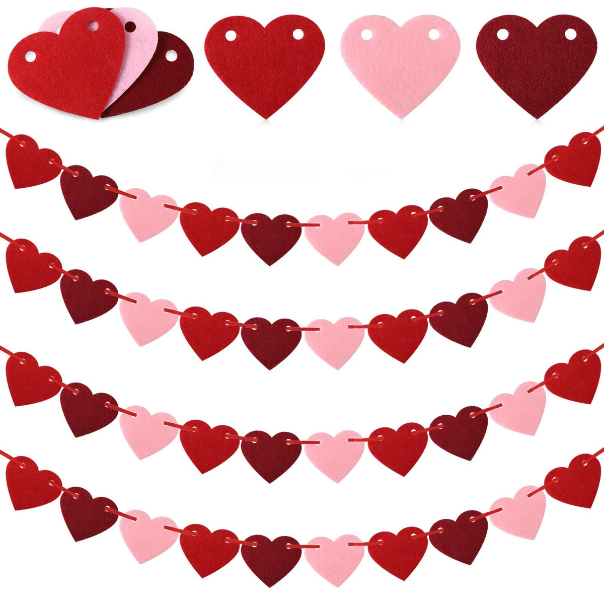 4Pcs Red Heart Streamers Garland, Happy Anniversary Decoration Kit with Love Hearts, Reusable Party Decorations for Engagement W