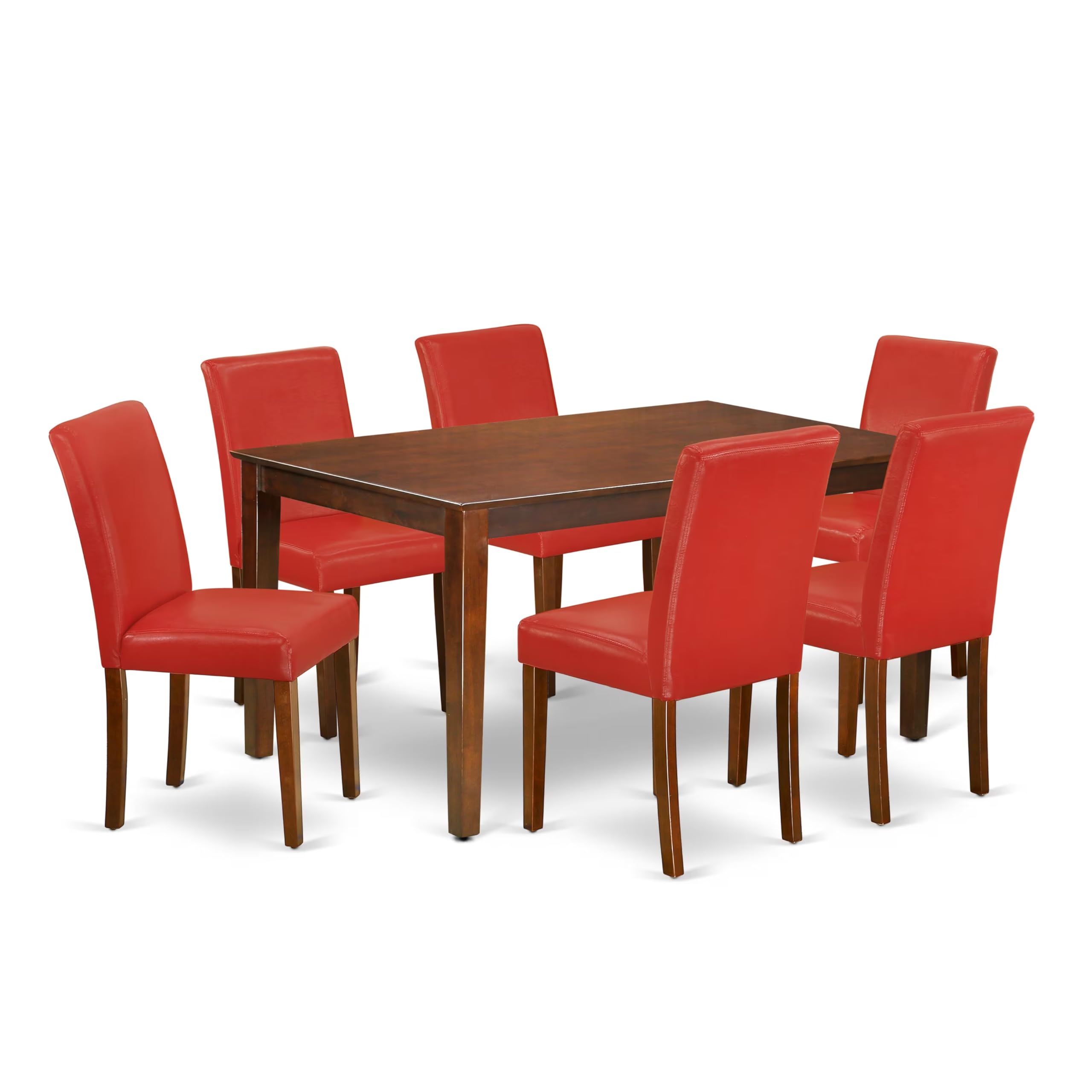 East West Furniture Caab7-Mah-72 Capri 7 Piece Kitchen Table & Chairs Set Consist Of A Rectangle Dining Room Table And 6 Firebrick Red Faux Leather Upholstered Chairs, 36X60 Inch, Mahogany