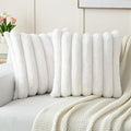 Futei Cream White Decorative Throw Pillow Covers 22X22 Inch Set Of 2, Square Soft Faux Rabbit Fur Big Striped Cushion Cover,Home