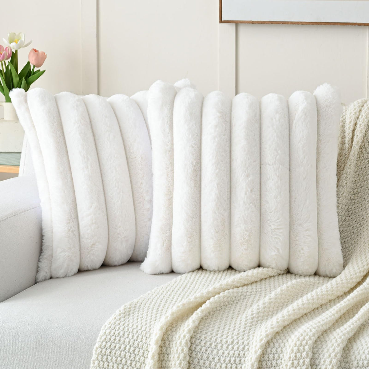 Futei Cream White Decorative Throw Pillow Covers 22X22 Inch Set Of 2, Square Soft Faux Rabbit Fur Big Striped Cushion Cover,Home