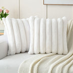 Futei Cream White Decorative Throw Pillow Covers 24X24 Inch Set Of 2, Square Soft Faux Rabbit Fur Big Striped Pillow Sham,Home D