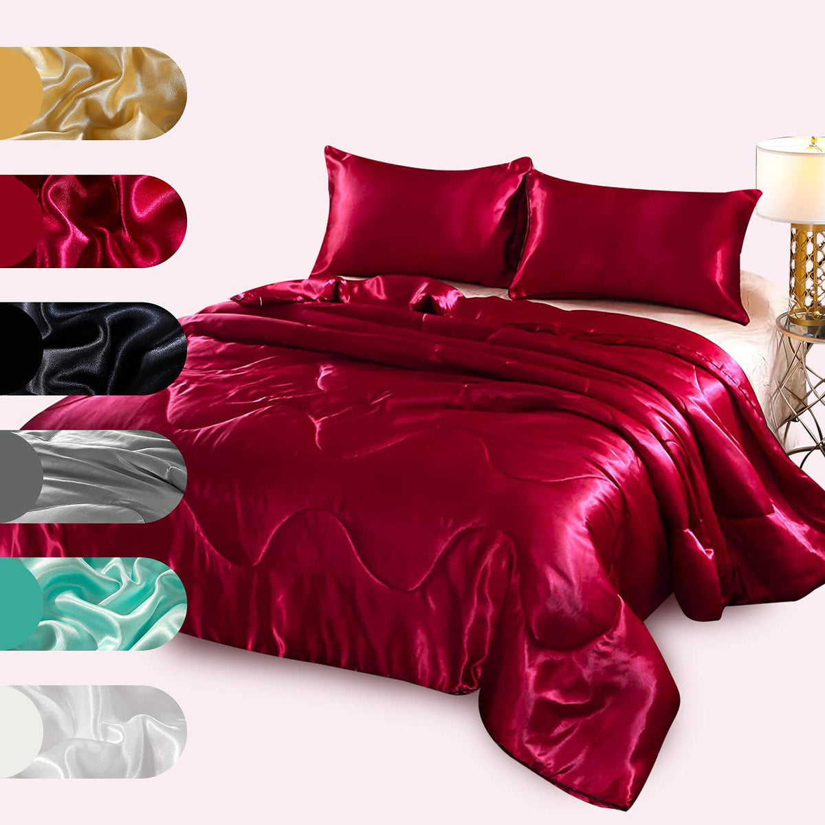 A Nice Night Satin Silky Soft Quilt Luxury Super Soft Microfiber Bedding Comforter Set Full/Queen, Light Weighted (Red, Queen(88