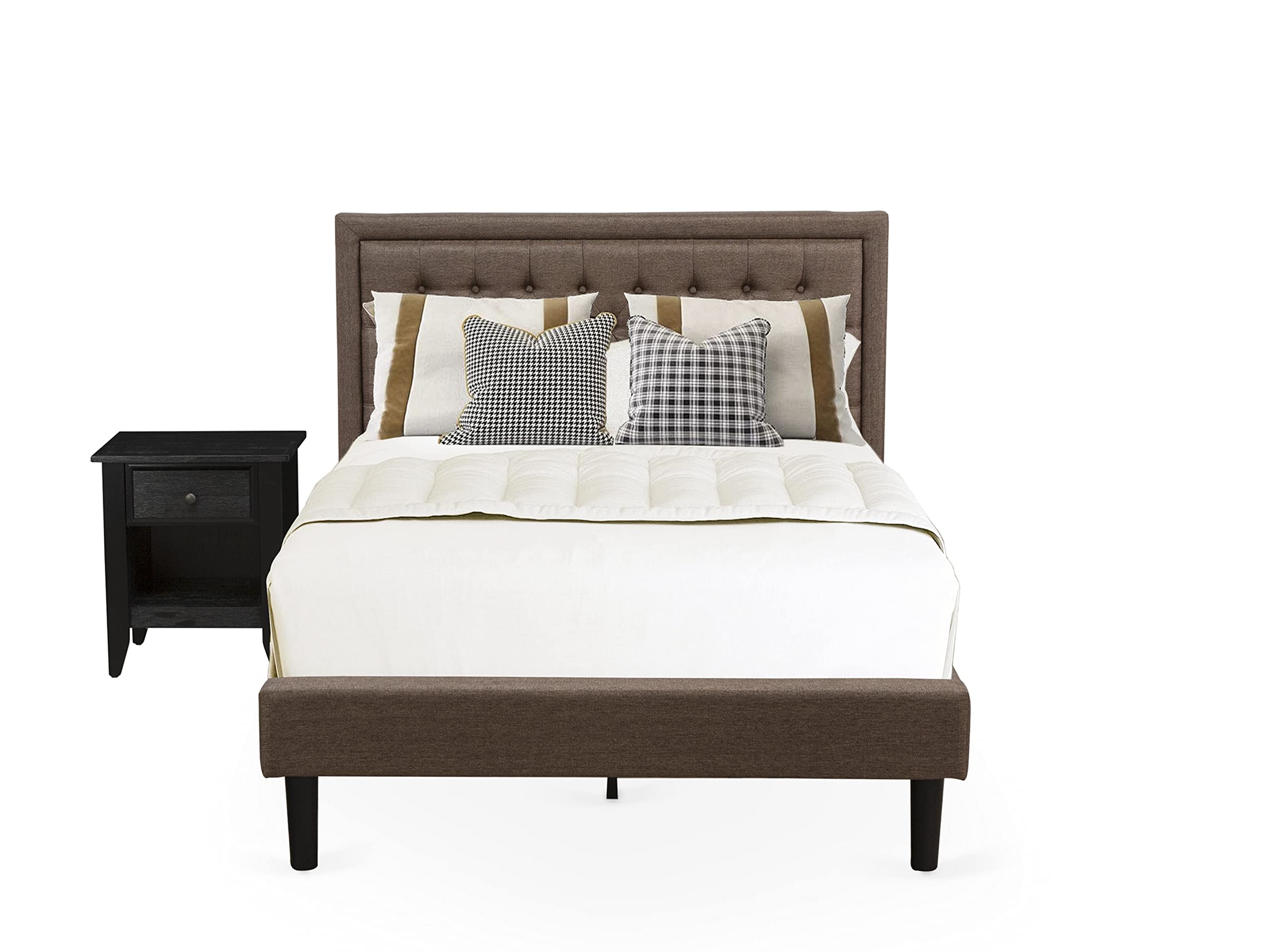 East West Furniture KD18F-1GA06 2 Piece Bedroom Set - 1 Full Platform Bed Frame Brown Linen Fabric Padded and Button Tufted Headboard with 1 Small Night Stand - Wire Brushed Black Finish Nightstand