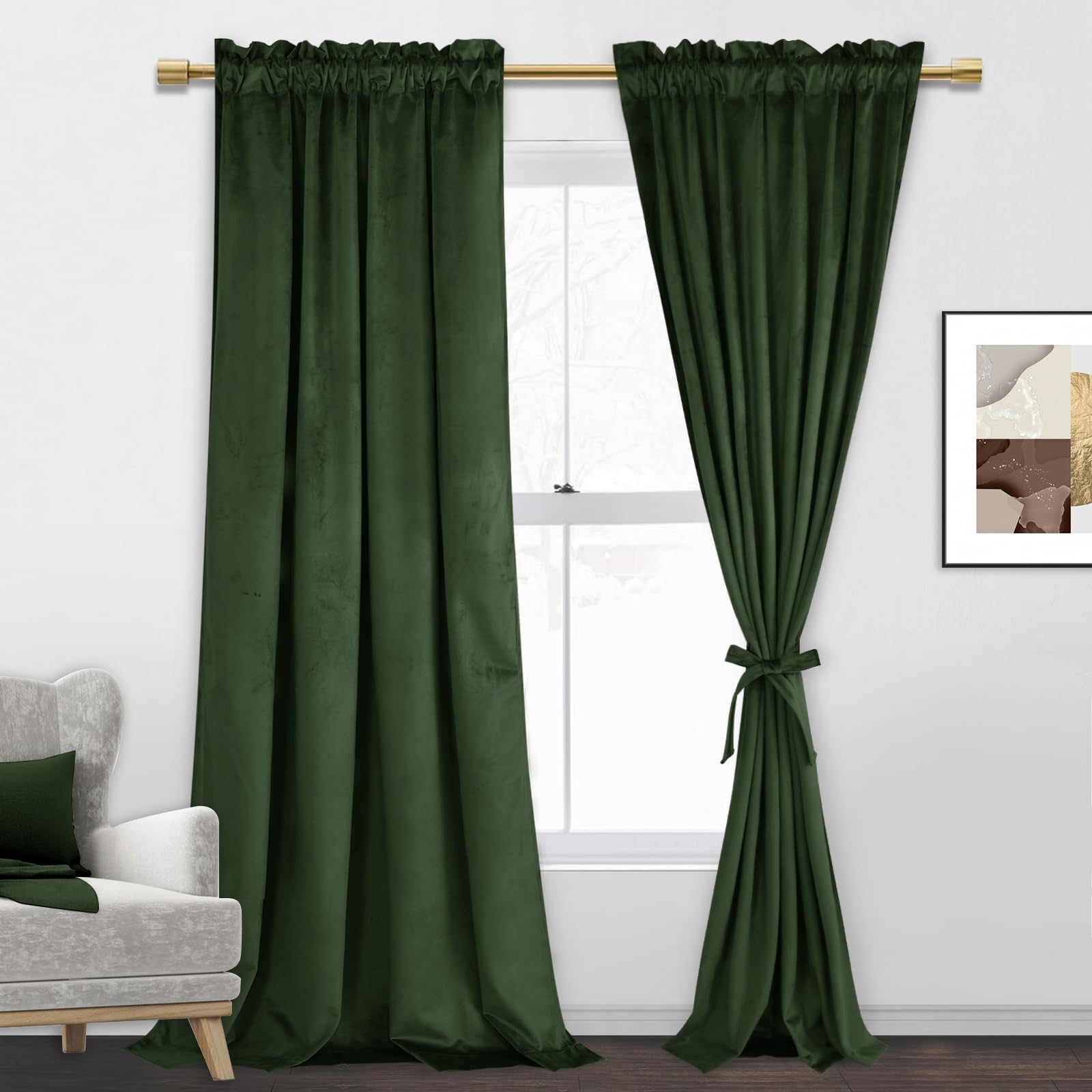 Jiuzhen Oliver Green Velvet Curtains 108 Inches For Living Room - Soft Retro Blackout Velvet Drapes Rod Pocket Room Darkening Th