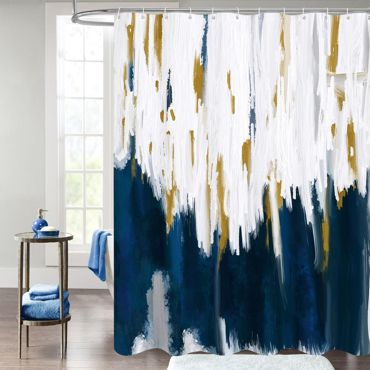 Mitovilla Navy Blue Shower Curtains For Chic Modern Abstract Bathroom Decor, Dark Blue Fabric Shower Curtain, Brush Strokes Oil