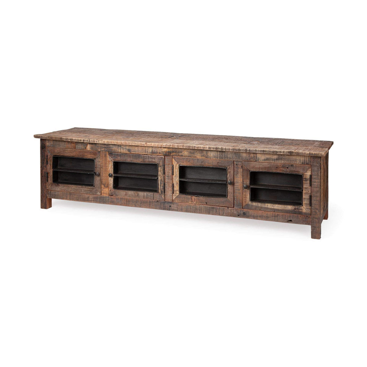 HomeRoots Medium Brown Reclaimed Wood TV Stand Media Console with 4 Metal Doors